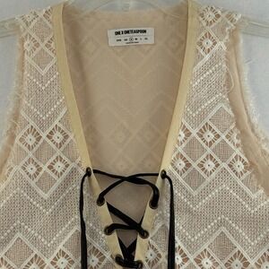 One x One Teaspoon Tunic Women S Cream Lace Up V-Neck Geometric Boho Raw Edge